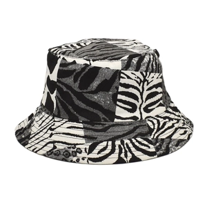 Women's zebra print cotton bucket hat with a stylish black and white patchwork design