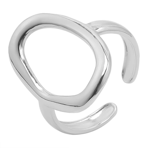 Detail of minimalist silver open ring with unique oval hollow design and polished finish