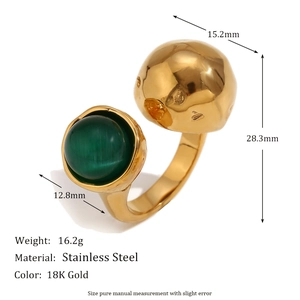 18K gold plated stainless steel open ring with green cat eye stone and hammered metal ball