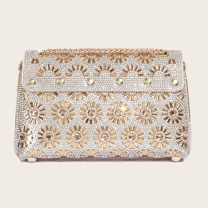 Sparkling sunflower evening clutch bag with rhinestones and gold chain shoulder strap