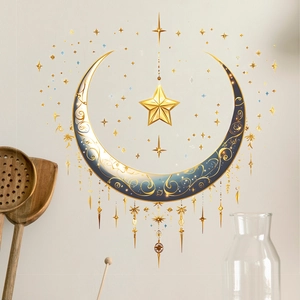 Golden moon and star wall sticker with ornate blue swirl patterns for home decor