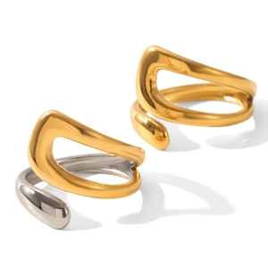 Minimalist bicolor stainless steel open ring with gold and silver irregular streamline design