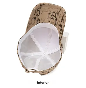 Internal view of leopard print baseball cap showing breathable white mesh lining and seams