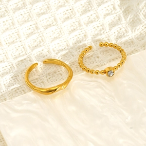 18K gold-plated stainless steel stackable rings with wave design and zircon bead charm