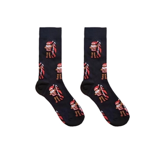 Detailed view of black cotton socks with festive Christmas bear and candy cane patterns