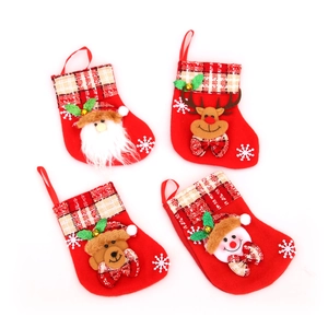 Set of 4 red plush Christmas stockings with Santa, reindeer, bear, and snowman with bells