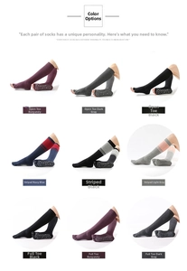 Detail view of non-slip yoga socks in 9 colors featuring grippy dots and long tube style