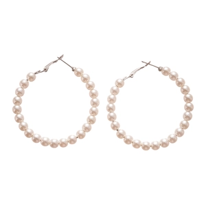 Elegant beaded imitation pearl hoop earrings with silver clasps on a clean white background