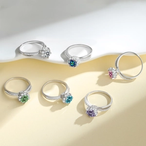 Moissanite Ring 925 Sterling Silver Round Cut Colorful Gemstone Wedding Engagement Elegant Jewelry For Women