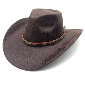 Detail of dark brown faux snakeskin texture and bronze skull buckle on western cowboy hat