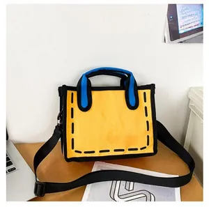 2D cartoon style yellow canvas tote bag with blue handles and black outlines details