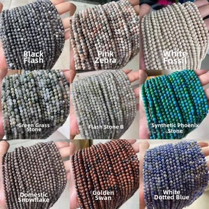 Macro of DIY gemstone beads including Labradorite, Zebra Jasper and synthetic Phoenix stone