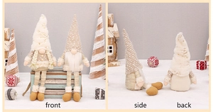 Three-view display of Christmas gnome plushies with LED lights from front, side, and back angles