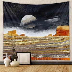 Detail of desert landscape tapestry with golden moon, mountains, and starry night sky texture