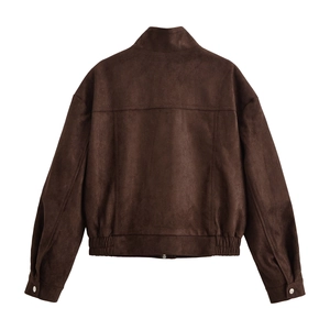 Deep brown faux suede trucker jacket for men featuring a classic collar and back view