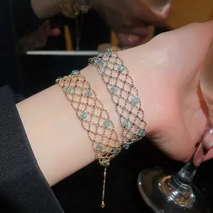 Copper Mesh Bracelet With Light Blue Crystals Hollow Lace Design Adjustable Slider Buckle For Women Elegant Vintage Jewelry