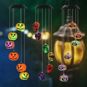Halloween Solar Wind Chime Lights Waterproof Color Changing Outdoor Garden Yard Patio Pumpkin Skull Ghost Hanging Decor