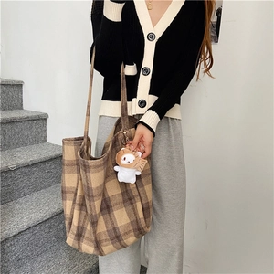 Brown plaid wool shoulder tote bag for women with cute plush cat charm for daily use