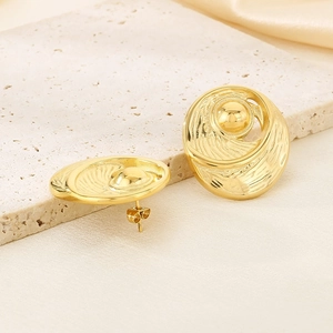 Detail of 18k gold plated stainless steel earrings with relief ripple and dome decor