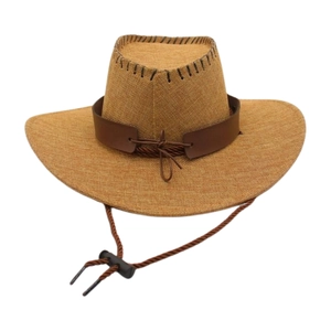 Detail of western cowboy hat featuring leather band and adjustable chin strap