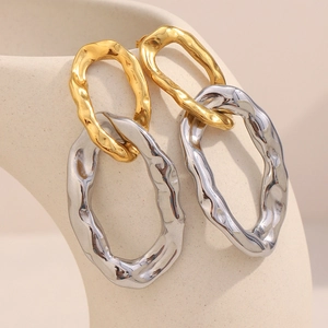 Hammered Texture Interlocking Circle Stud Earrings Stainless Steel 18K Gold Plated Bicolor Geometric Minimalist Women