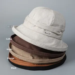 Linen sun hats for women in five colors: beige, coffee, khaki, orange, and black