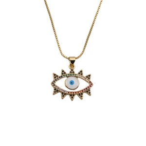 Fashionable gold evil eye necklace with colorful zircons and delicate box chain for women