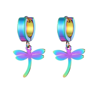 Rainbow iridescent stainless steel dragonfly hoop earrings for men and women