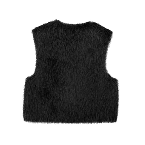 Detailed close-up of fluffy black faux fur vest showing premium plush texture and shine