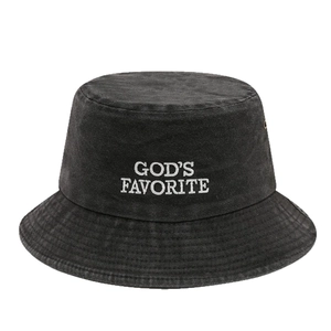 Bob unisexe en jean délavé gris foncé avec broderie GOD'S FAVORITE en blanc