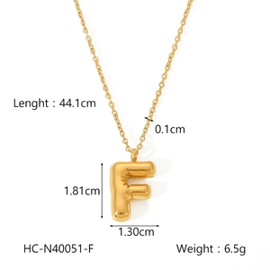 Detailed size and weight specs for gold bubble letter F pendant stainless steel necklace