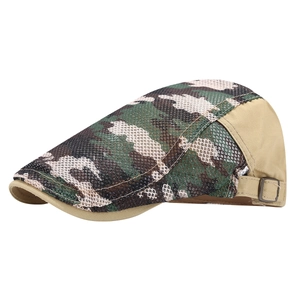 Outdoor breathable camouflage mesh flat top cap with khaki canvas brim and adjustable buckle