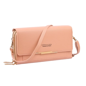 Pink lychee texture crossbody wallet bag with dual zippers and gold metal accents