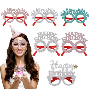 Close-up of glitter Happy Birthday glasses and polka dot party hat set for kids