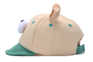 Detail view of baby baseball cap with plush animal ears and green brim contrast