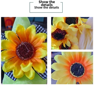 Dettaglio di girasole artificiale con petali gialli e fiocco a scacchi bianco e nero