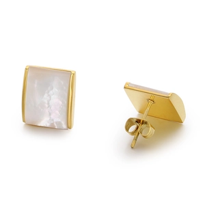 Chic rectangular gold stainless steel stud earrings featuring white mother of pearl inlay