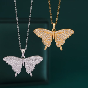18K gold and silver plated butterfly pendant necklaces with cubic zirconia for men and women