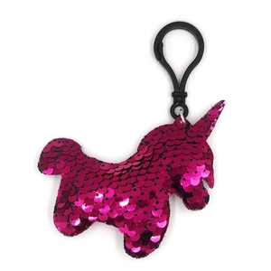 Detailed view of pink sequin unicorn keychain with black plastic hook on white background