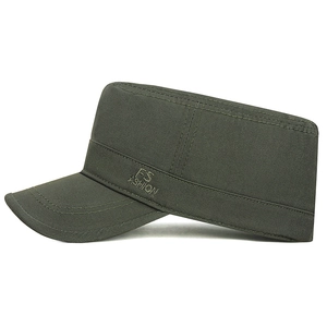 Army green flat top military cap with FS ASHION embroidery in breathable cotton twill