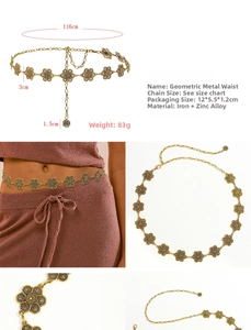 Detailed view of vintage gold hollow flower metal waist chain with 116cm adjustable length