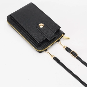 Black cross-body phone bag with lychee pattern and gold buckle on white background