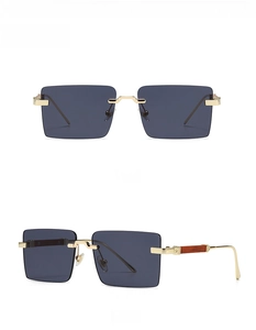 Front- und 45-Grad-Seitenansicht der randlosen rechteckigen Sonnenbrille mit Goldsteg