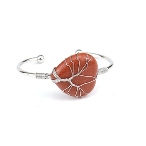 Handmade silver wire-wrapped heart amethyst crystal open bangle featuring Tree of Life design