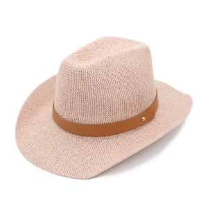 Pink woven straw cowboy hat with a brown leather band and gold metal studs for summer