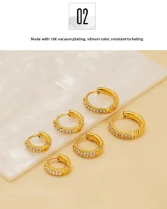 Detailed view of 18K gold plated hoop earrings set with double-row cubic zirconia