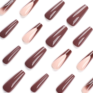 Long coffin press-on nails in coffee brown and pink French tip with glitter finish