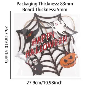 Spider web Halloween wooden door sign with ghosts, pumpkins and Happy Halloween text
