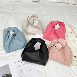 Women Hobo Handbag Soft PU Leather Lychee Texture Knot Handle Pleated Fashionable Cloud Bag Daily Shoulder Bag