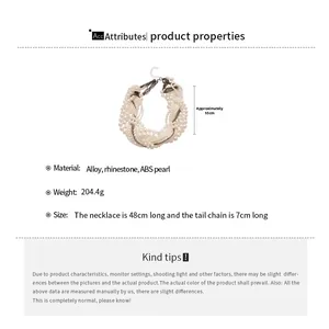 Detailed size specifications for a multilayer pearl necklace with dimensions and weight